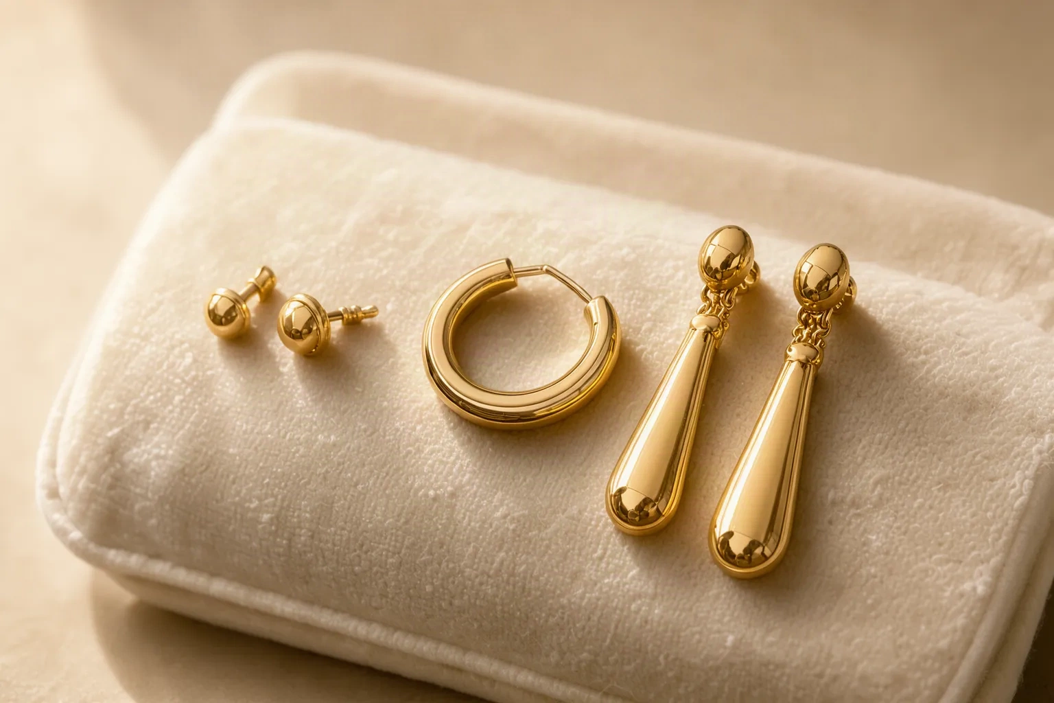Boucles d'oreilles en or sur coussin de velours ivoire
