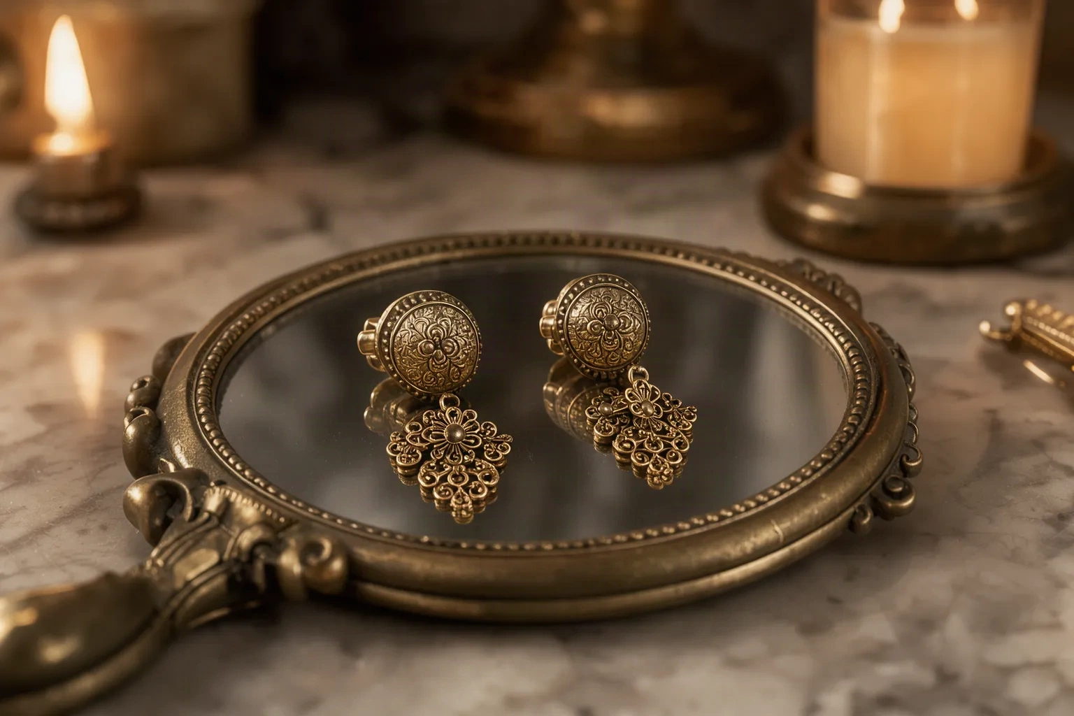 Boucles d'oreilles vintage dorées sur miroir en laiton