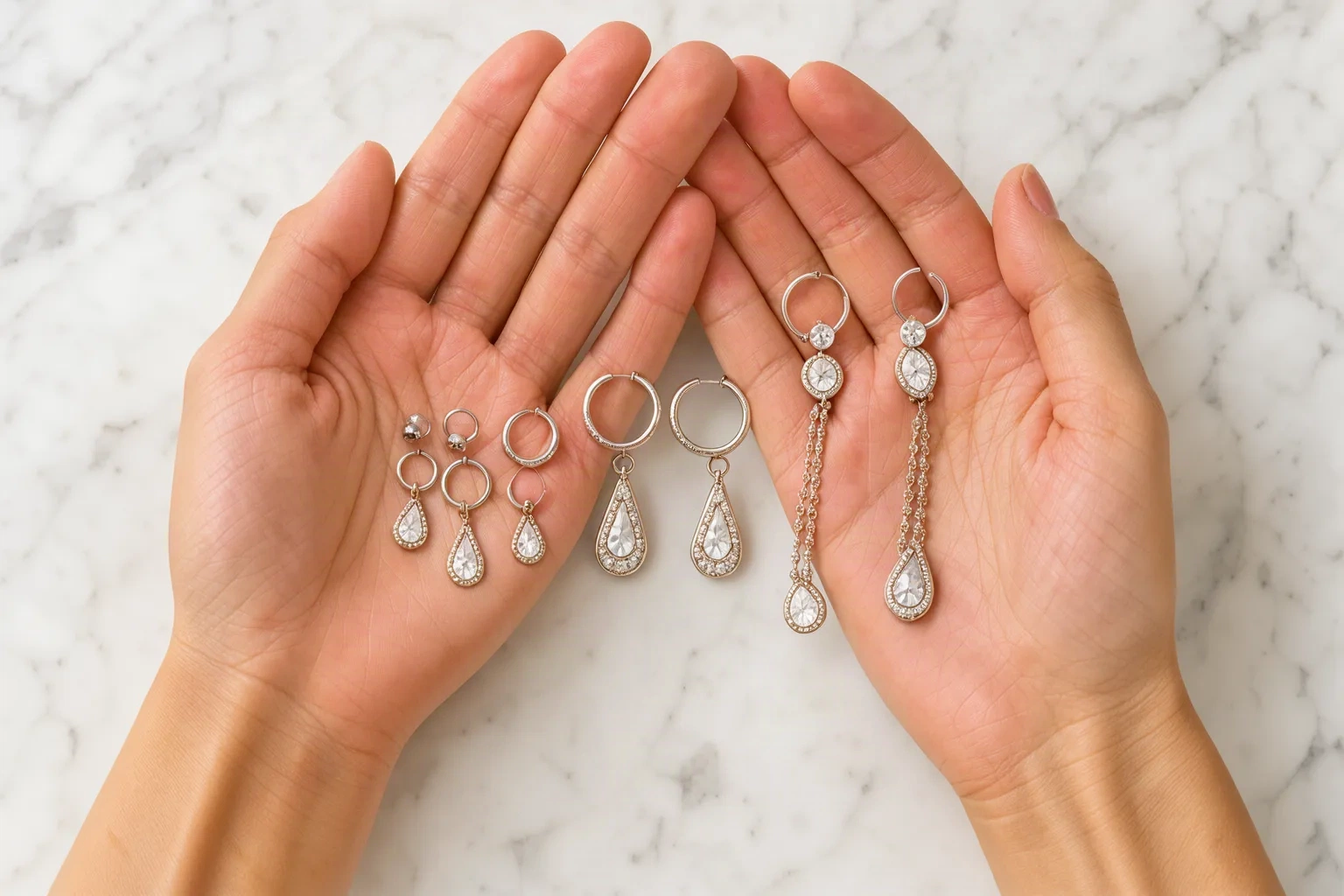 Mains tenant des boucles d'oreilles de différentes tailles sur du marbre